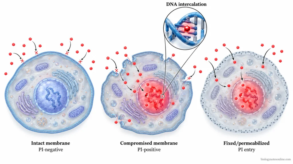 Intact cells exclude propidium iodide, while membrane-compromised and permeabilized cells allow PI entry and red nucleic acid fluorescence.