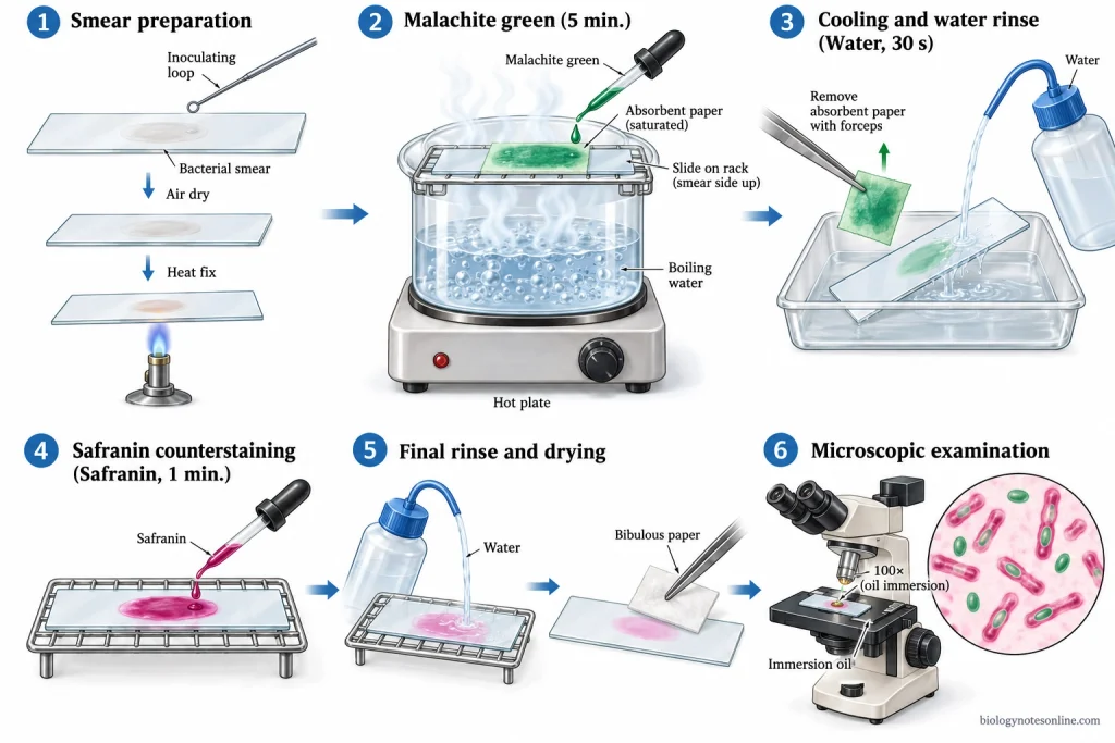 Six-stage Schaeffer–Fulton staining workflow showing smear preparation, malachite green steaming, water rinse, safranin counterstaining, final drying, and oil-immersion microscopy.