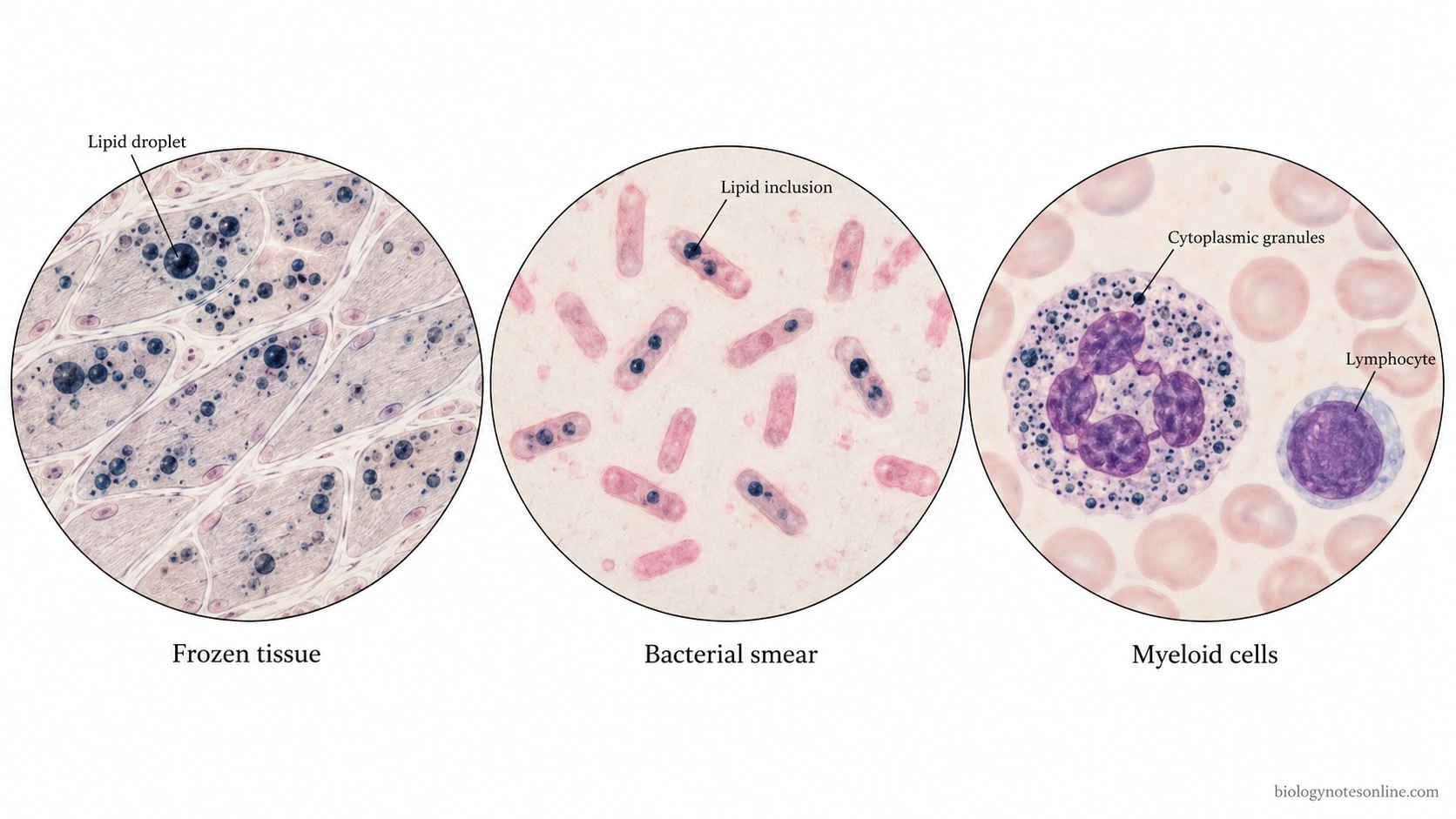 Comparative microscopy illustration showing blue-black lipid droplets in frozen tissue, dark intracellular bacterial inclusions, and cytoplasmic granules in a Sudan Black B-positive neutrophil.