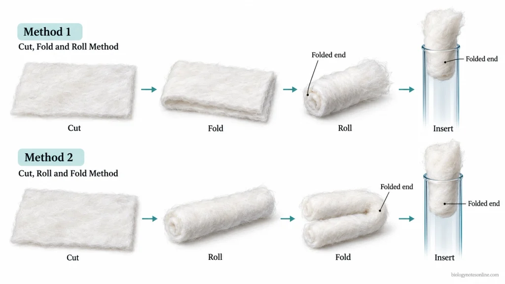Two step-by-step sequences showing cut-fold-roll and cut-roll-fold methods for making temporary cotton plugs and inserting them into test tubes.