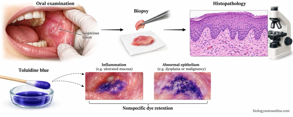 Clinical schematic showing nonspecific toluidine blue retention in different oral mucosal abnormalities alongside the separate pathway from clinical examination to biopsy and histopathological diagnosis.