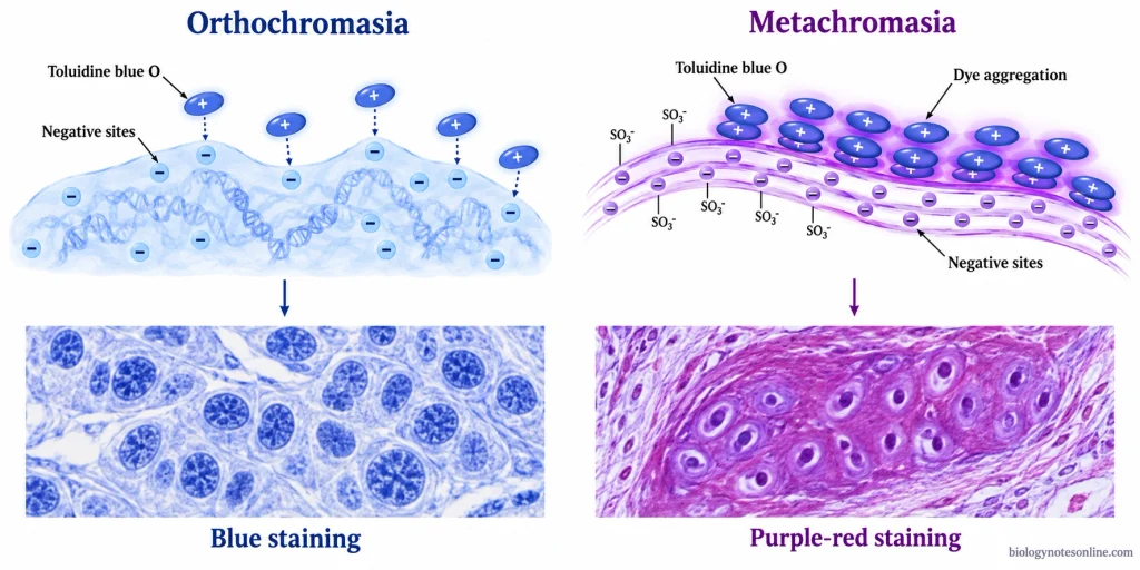 Schematic comparing separate toluidine blue dye cations producing blue orthochromatic staining with aggregated dye on negatively charged glycosaminoglycans producing purple-red metachromasia.
