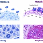 Schematic comparing separate toluidine blue dye cations producing blue orthochromatic staining with aggregated dye on negatively charged glycosaminoglycans producing purple-red metachromasia.