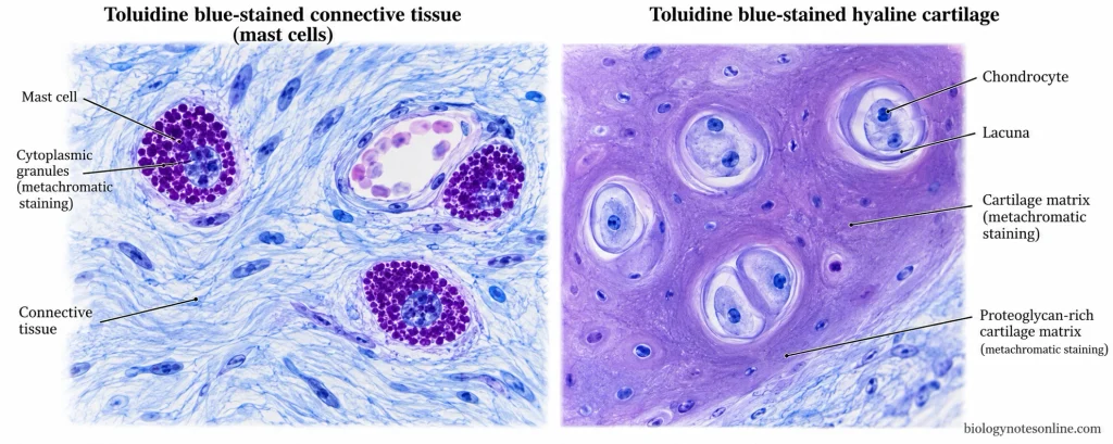 Comparative histological schematic showing violet-red granules inside connective tissue mast cells and purple proteoglycan-rich cartilage matrix surrounding chondrocytes in lacunae.