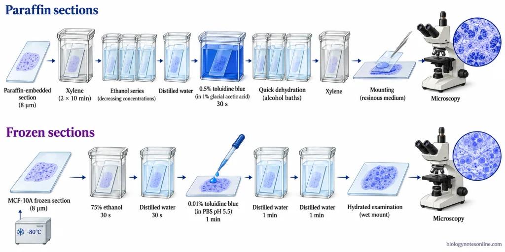 Comparative workflow showing paraffin-section deparaffinization, hydration, toluidine blue staining, dehydration and mounting beside the shorter frozen-section protocol ending in hydrated examination.