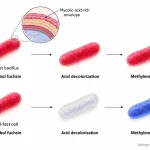 Diagram showing acid-fast bacilli retaining red carbol fuchsin after acid treatment, while non-acid-fast cells become blue after counterstaining.
