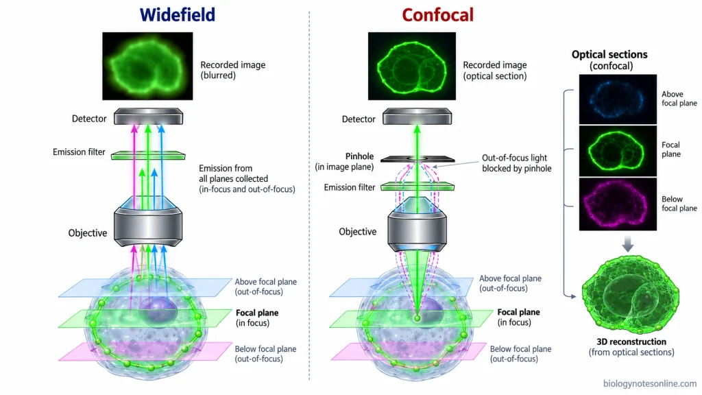 Optical comparison of widefield fluorescence and confocal microscopy showing out-of-focus light collection, confocal pinhole filtering and optical sections of stained cell membranes.