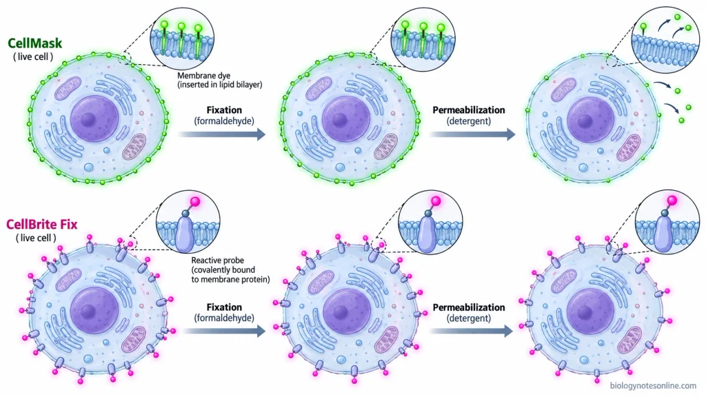 Comparison of cells stained with CellMask and CellBrite Fix, showing different fluorescence retention after formaldehyde fixation and detergent permeabilization.