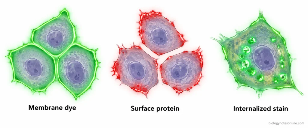 Schematic fluorescence observations showing continuous plasma membrane outlines, localized antibody staining of surface proteins and intracellular fluorescent puncta.