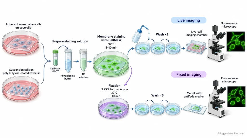 Workflow showing CellMask staining of adherent and suspension cells, followed by washing and live-cell imaging or optional formaldehyde fixation before microscopy.