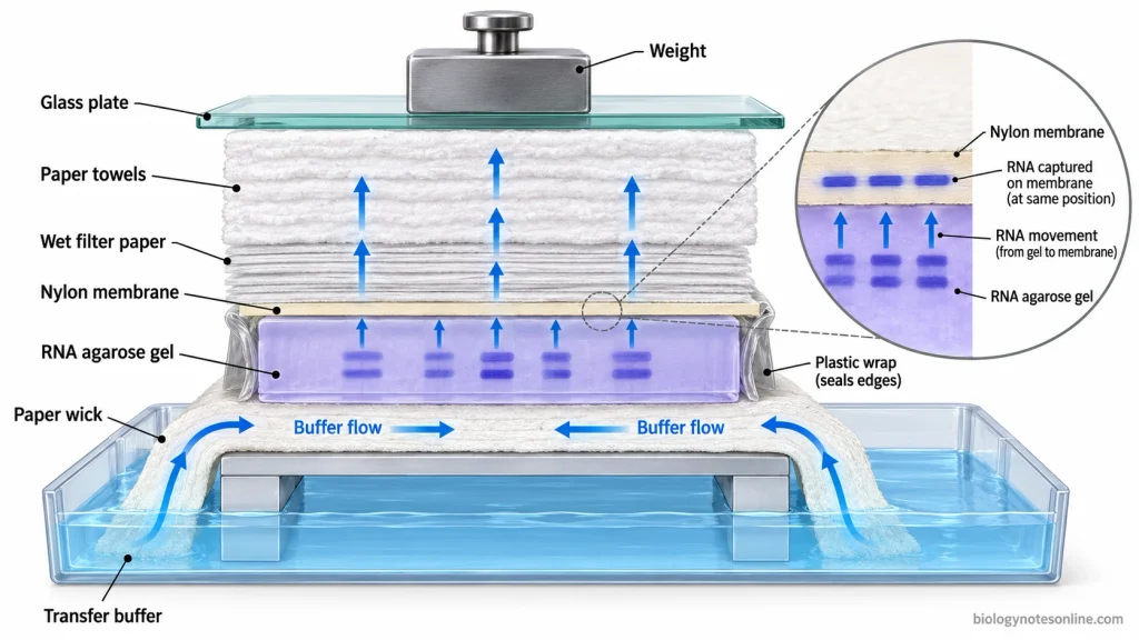 Cross-section of an upward capillary Northern blot transfer apparatus showing the buffer reservoir, paper wick, RNA gel, nylon membrane, filter papers, absorbent towels, and upward buffer flow.