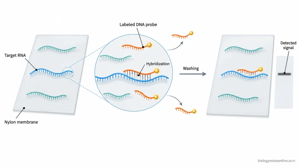 Complementary labeled DNA probe hybridizing to target RNA immobilized on a nylon membrane, followed by washing and detection of a specific RNA signal.