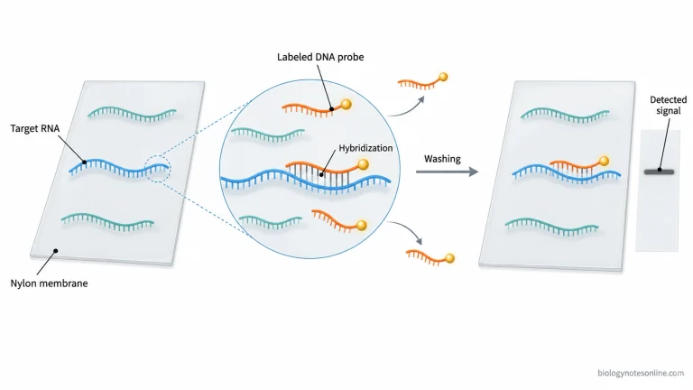 Complementary labeled DNA probe hybridizing to target RNA immobilized on a nylon membrane, followed by washing and detection of a specific RNA signal.