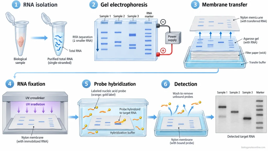 Six-stage Northern blotting workflow showing RNA extraction, denaturing gel electrophoresis, membrane transfer, UV fixation, labeled-probe hybridization, and RNA band detection.