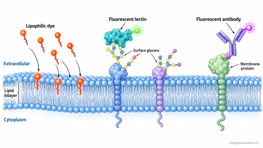 Cross-section of a plasma membrane showing lipophilic dyes associated with the lipid bilayer, fluorescent lectins bound to surface carbohydrates, and antibodies recognizing membrane proteins.