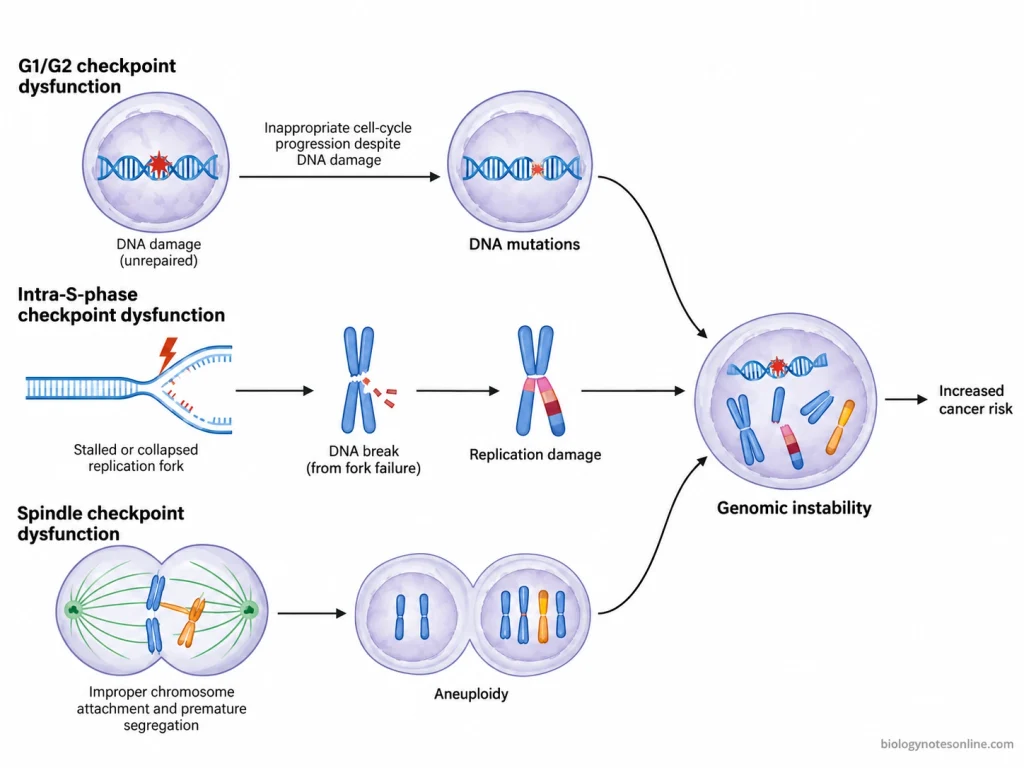 Three checkpoint failure pathways illustrating DNA mutations, replication-associated damage and aneuploidy as contributors to genomic instability.