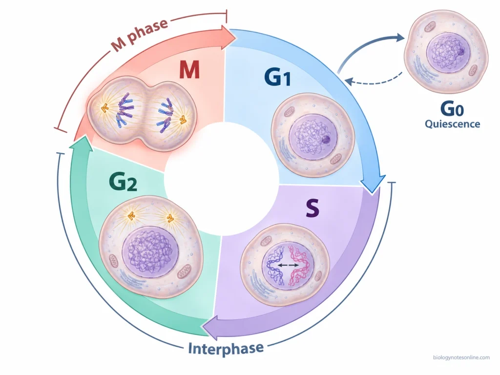 Circular cell cycle diagram showing the G1, S, G2 and M phases in order, with interphase grouping and a separate G0 branch from G1.