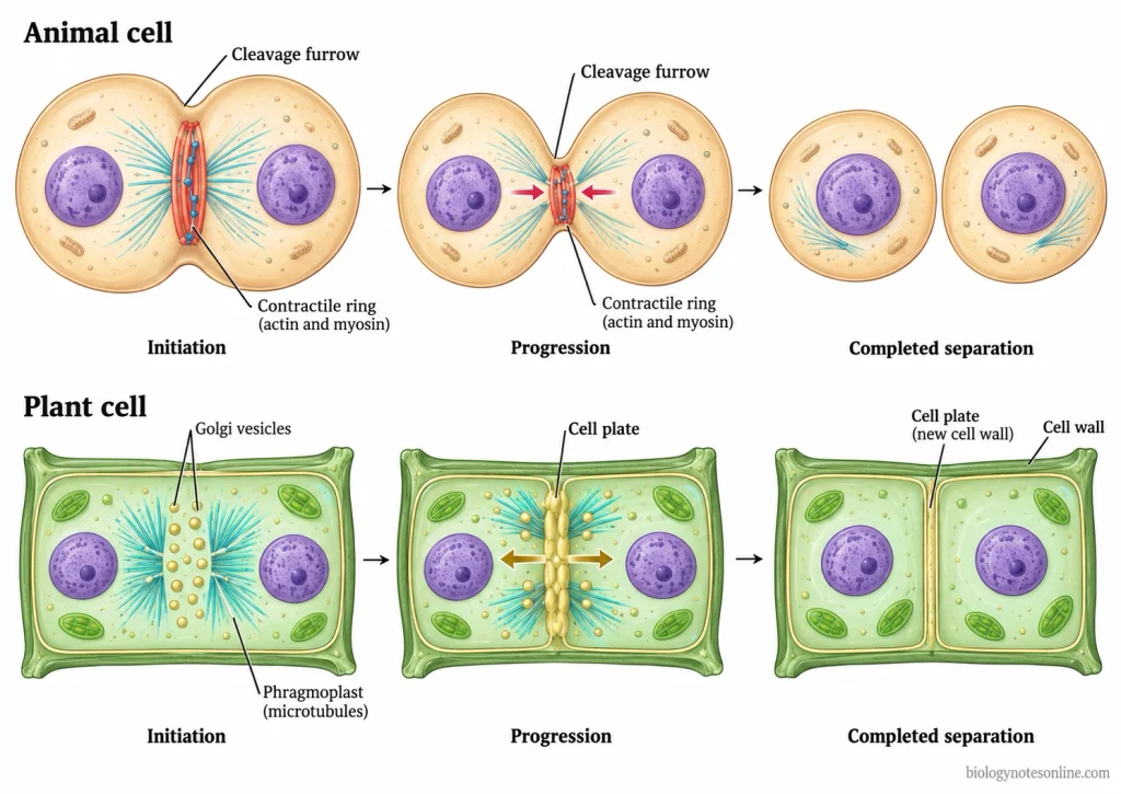Comparison of animal-cell cytokinesis by contractile-ring constriction and plant-cell cytokinesis by Golgi-vesicle fusion and outward cell plate growth.