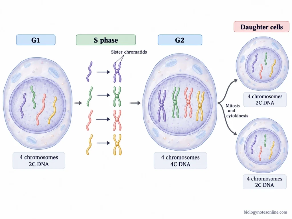 S-phase chromosome diagram showing four chromosomes before and after DNA replication, with DNA content increasing from 2C to 4C and returning to 2C per daughter cell.