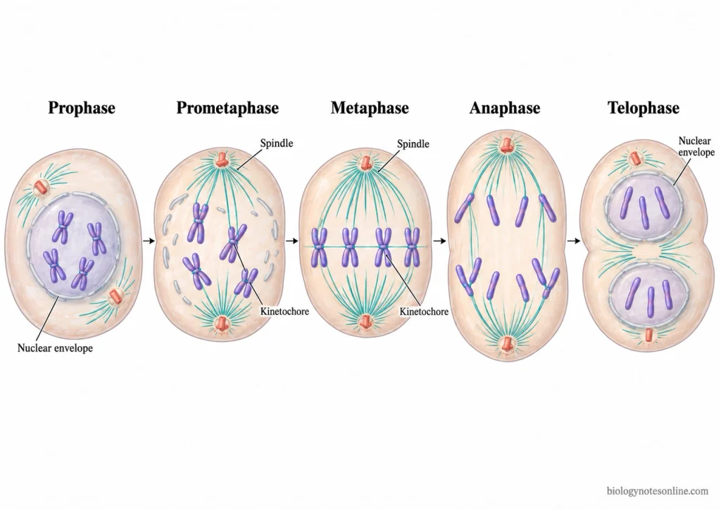 Five animal-cell mitosis stages showing chromosome condensation, spindle attachment, metaphase alignment, sister-chromatid separation and formation of two daughter nuclei.