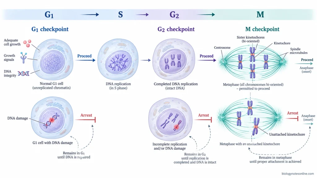 Cell cycle checkpoint diagram showing DNA integrity assessment at G1, replication completion at G2 and kinetochore attachment control before anaphase.