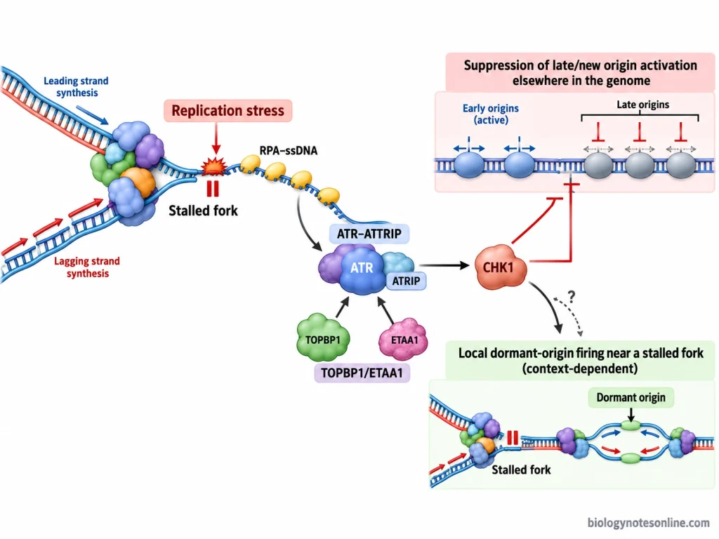 Stalled DNA replication fork with RPA-coated single-stranded DNA, ATR–CHK1 signaling, suppressed late-origin activation and local dormant-origin firing.