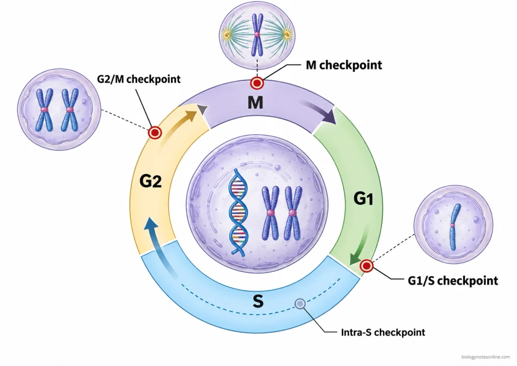 Circular cell cycle diagram showing G1/S, G2/M and spindle assembly checkpoints, with an additional intra-S-phase checkpoint marker.