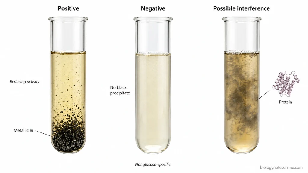Comparison of Nylander’s test tubes showing black metallic bismuth in a positive reaction, no black precipitate in a negative reaction, and an atypical potentially interfering result.