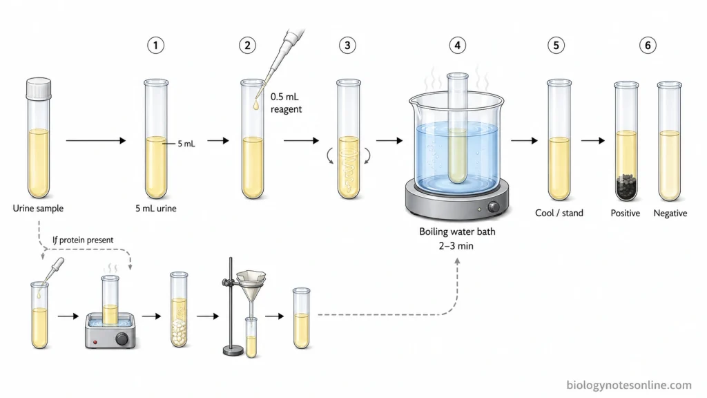 Laboratory workflow for Nylander’s test showing urine preparation, addition of Nylander’s reagent, boiling-water-bath heating, cooling, and observation for black precipitate.