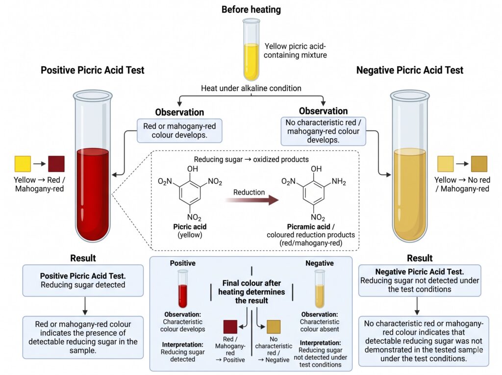Diagram showing Observation and Result of Picric Acid Test