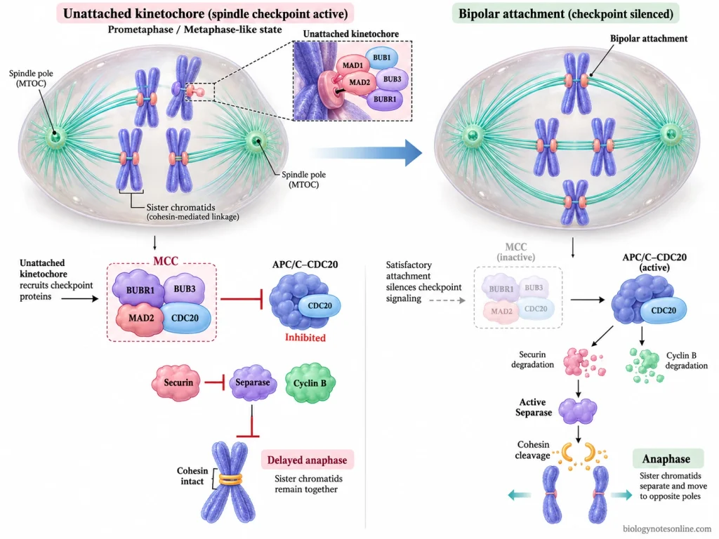 Mitotic spindle comparison showing an unattached kinetochore inhibiting APC/C through the MCC, followed by securin degradation and sister chromatid separation.