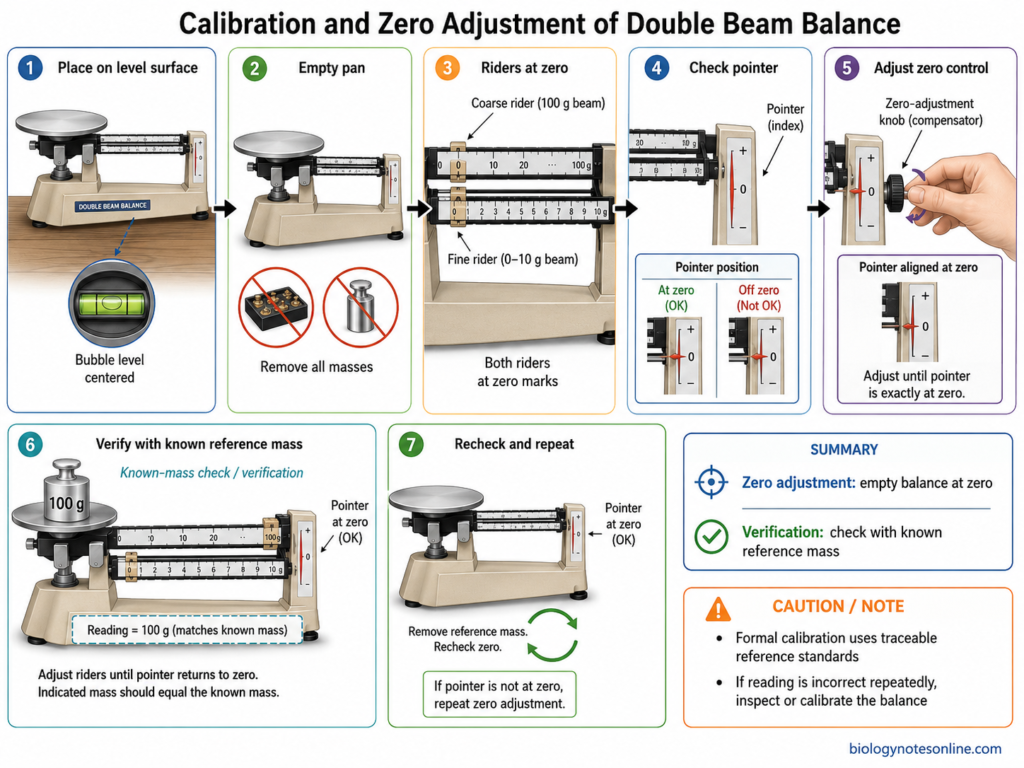 Diagram demonstrate how to do Calibration and Zero Adjustment of Double Beam Balance