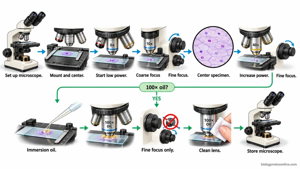Workflow for using a compound microscope from slide placement and low-power focusing through higher magnification and optional 100× oil immersion.