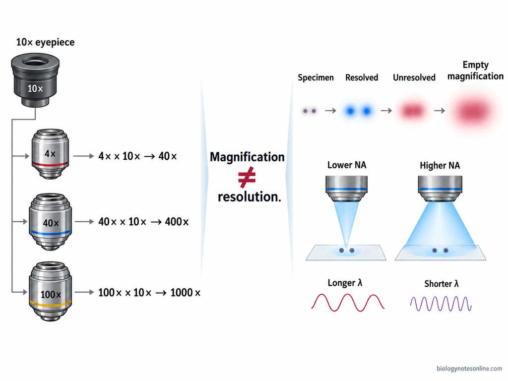 Diagram showing objective and eyepiece magnification calculations and how increased image size differs from optical resolution and empty magnification.