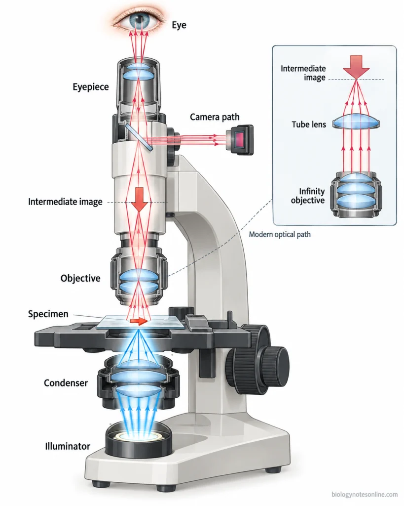 Compound microscope optical path showing illumination through the condenser and specimen, objective image formation, eyepiece viewing, and an infinity-corrected tube-lens inset.