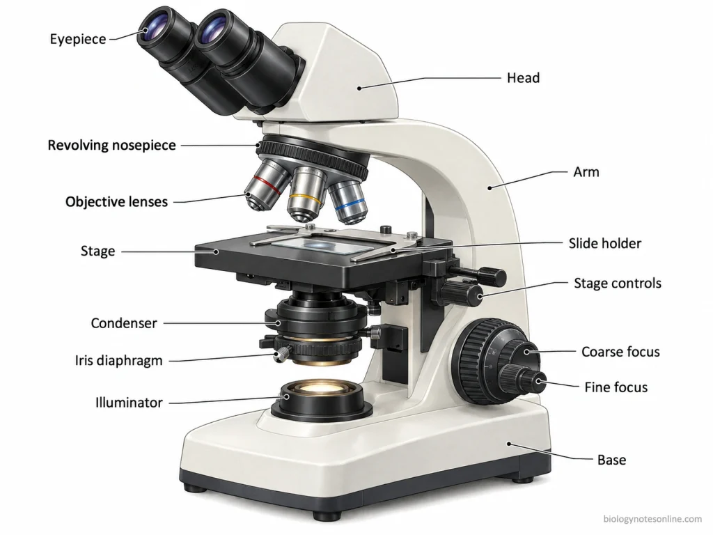 Labeled upright compound microscope showing the eyepieces, objectives, nosepiece, stage, condenser, iris diaphragm, focus controls, arm, illuminator, and base.