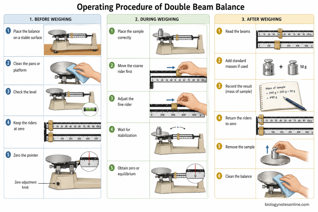 Diagram showing step by step Operating Procedure of Double Beam Balance