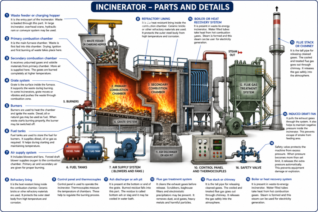 Incinerator - Principle, Procedure, Types, Applications 2 Parts of Incinerator