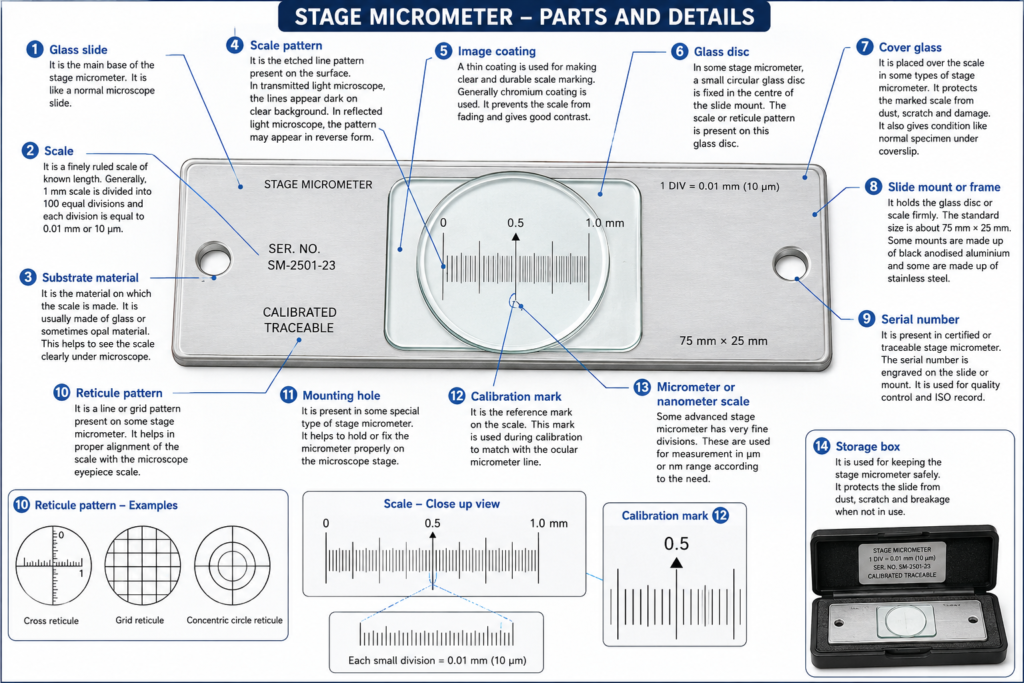 Stage Micrometer - Principle, Types, Parts, Procedure, Applications 2 Parts of Stage micrometer