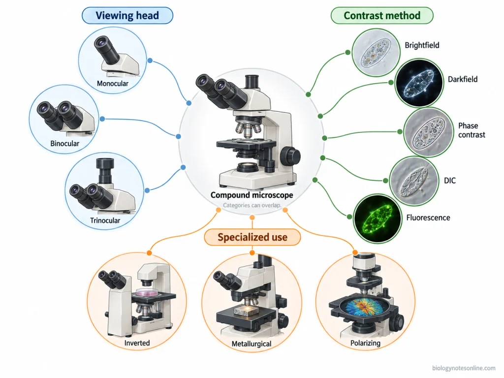 Compound microscope classification by viewing head, contrast method, and specialized application, showing that the categories can overlap.