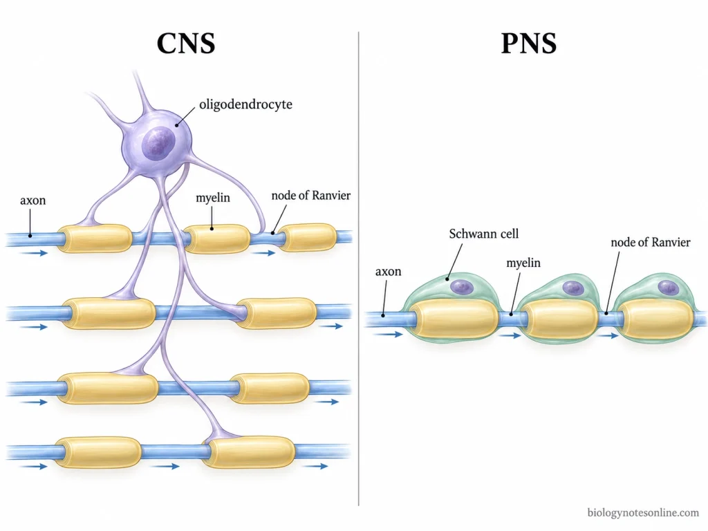 Comparison of one oligodendrocyte myelinating segments of several CNS axons and separate Schwann cells myelinating consecutive PNS axon segments.