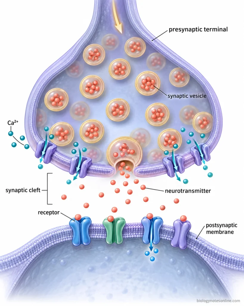 Chemical synapse showing calcium entering a presynaptic terminal, neurotransmitter release into the synaptic cleft and binding to postsynaptic receptors.