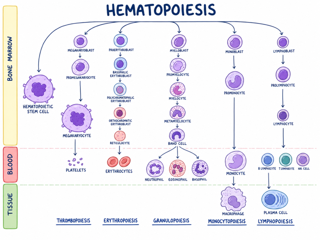 Diagram showing the development of different blood cells from haematopoietic stem cell to mature cells