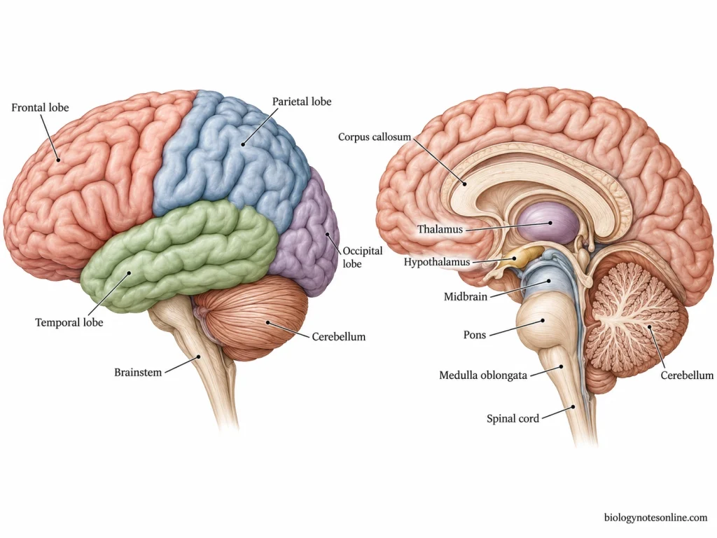 Lateral and midsagittal views of the human brain showing cerebral lobes, cerebellum, corpus callosum, thalamus, hypothalamus and brainstem.