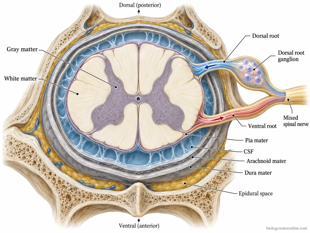 Transverse spinal cord section showing central gray matter, white matter, dorsal and ventral nerve roots, and the surrounding meninges.