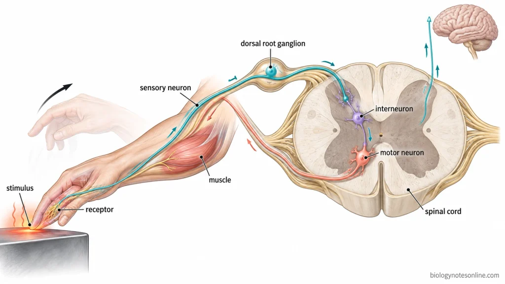 Withdrawal reflex pathway showing sensory signals from a hand entering the spinal cord and motor signals activating an arm muscle to withdraw the hand.