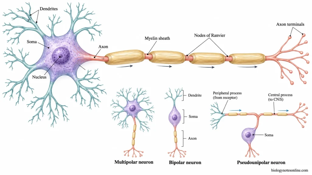 Labeled multipolar neuron showing dendrites, soma, axon, myelin and terminals, alongside multipolar, bipolar and pseudounipolar neuron shapes.