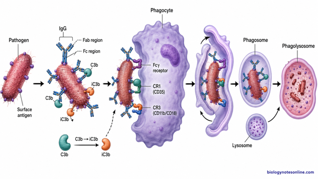 Diagram of opsonization showing IgG binding Fc gamma receptors, C3b binding CR1, iC3b binding CR3, and subsequent phagocytosis of an opsonized pathogen.