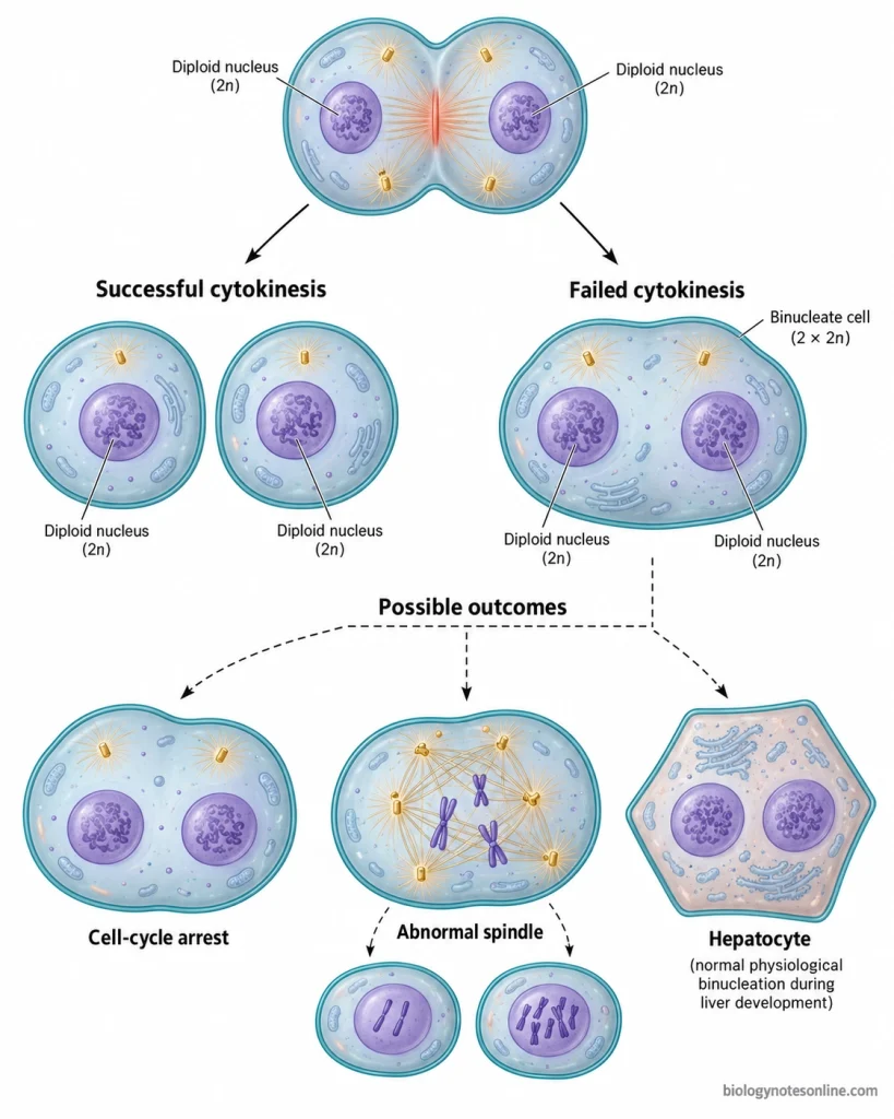 Comparison of successful cytokinesis producing two cells and failed cytokinesis producing one binucleated cell, with possible later cellular outcomes.
