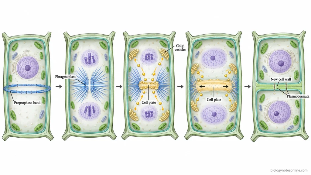 Plant-cell cytokinesis stages showing the preprophase band, phragmoplast, Golgi vesicle fusion, outward cell-plate expansion, and formation of a new cell wall.